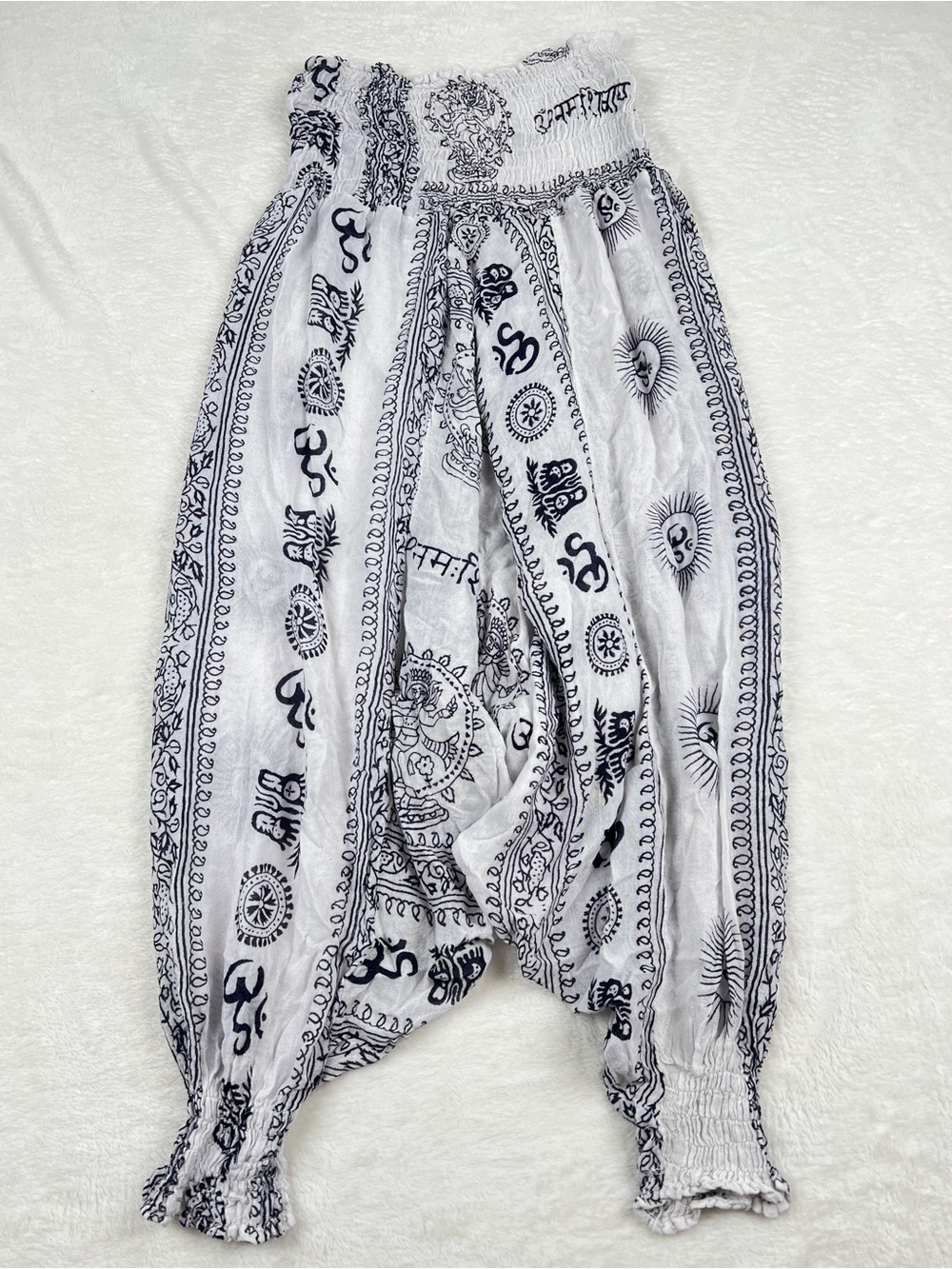 Boho Harem Pants Om Print Elastic Waist Black White OS